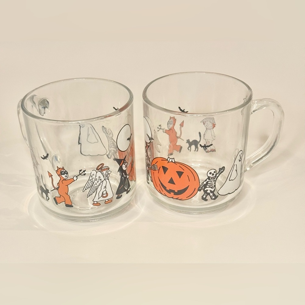 2 Luminarc Glass Halloween Mug Cup Witch Ghost Devil Angel 1970s VTG France